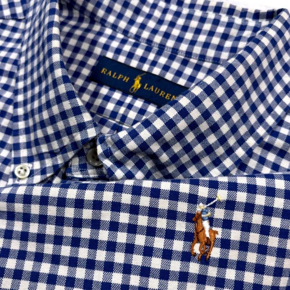 Polo Ralph Lauren Button Shirt Men XXL Navy White Gingham Check Flesh Pony Logo